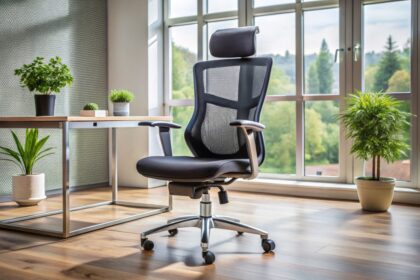 This modern ergonomic office chair features adjustable height and back support, ensuring a comfortable and productive